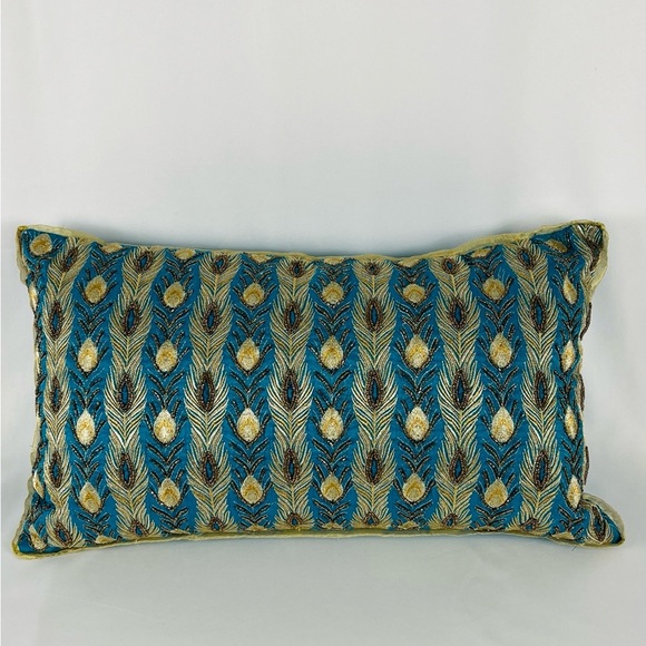 Pier 1 Embroidered Peacock Beaded Lumbar Accent Throw Pillow Teal Gold Bronze - Picture 11 of 12